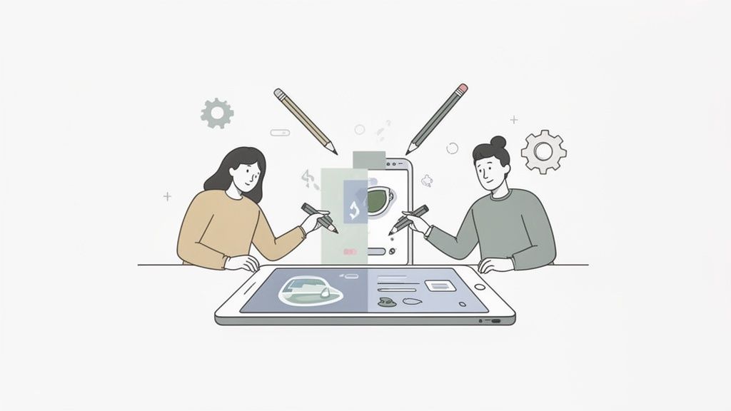 Two designers collaborate on a digital tablet, creating app interfaces with styluses.