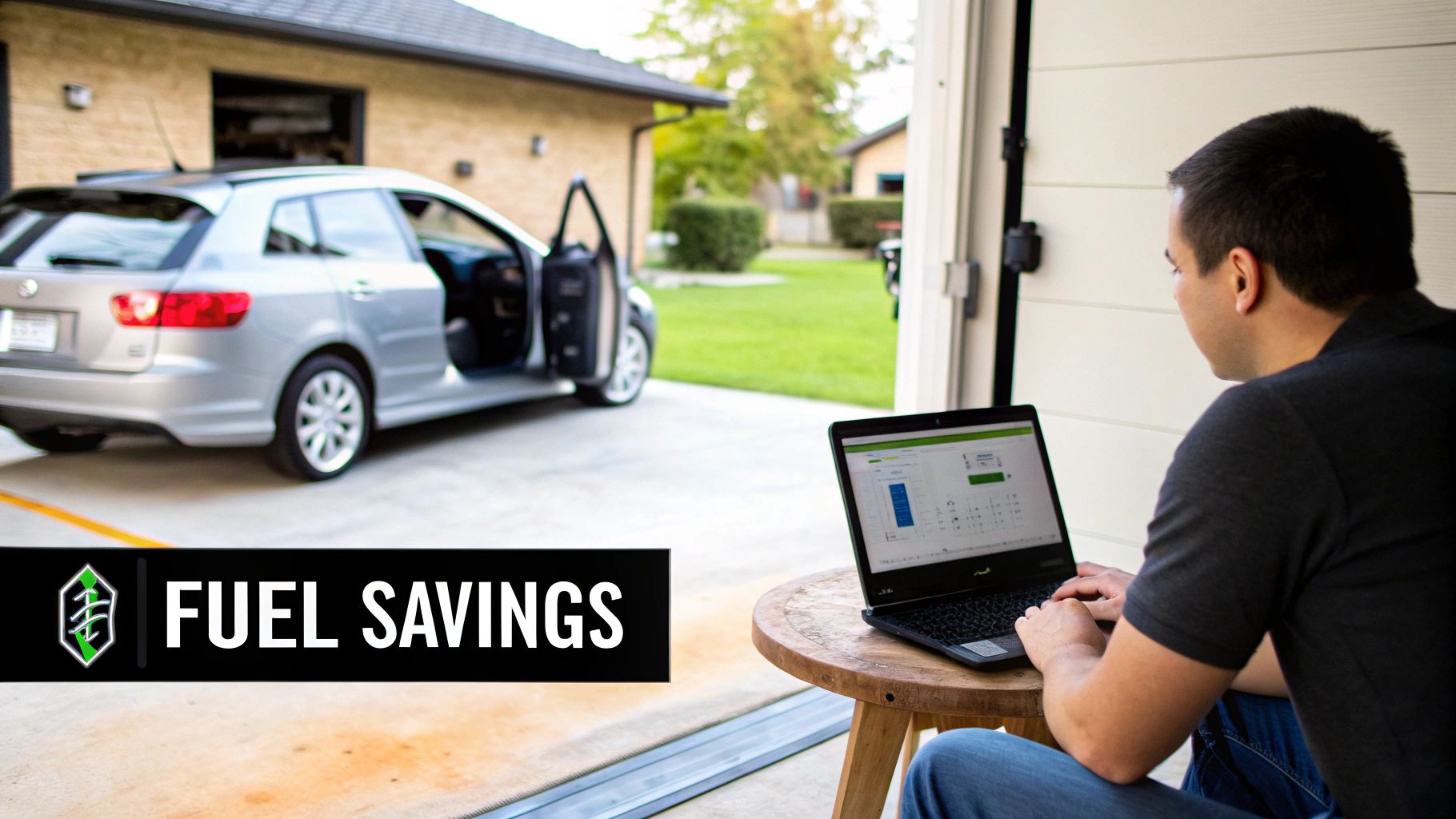 A man reviews fuel savings data on his laptop with a silver car parked outside a garage.
