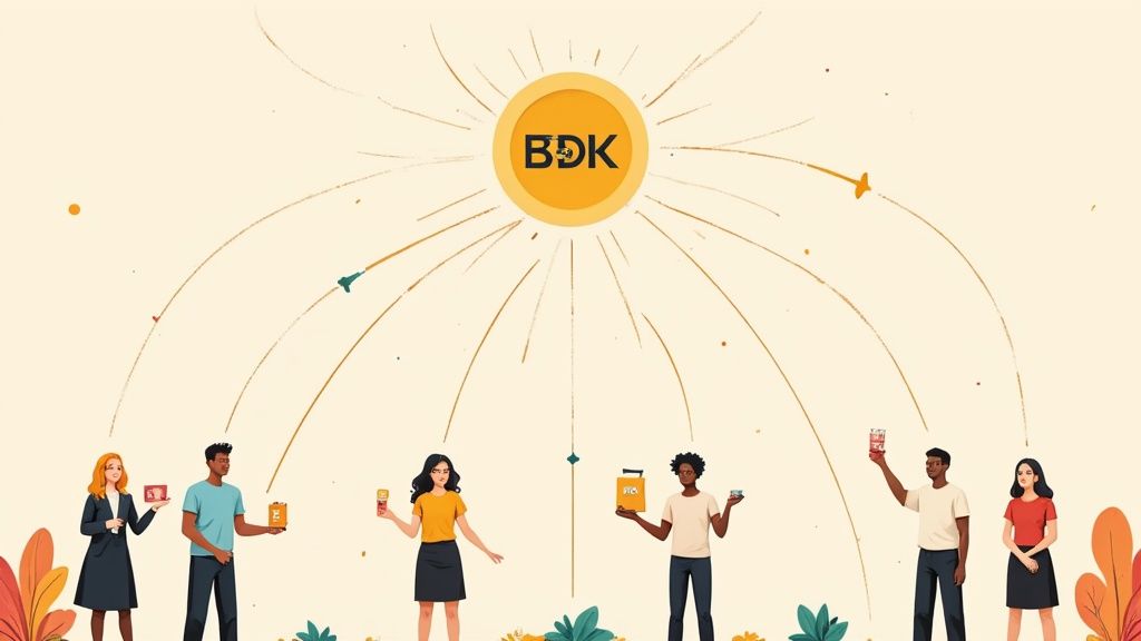 A diverse group of influencers connecting with a brand's products, illustrating a strong referral marketing network.