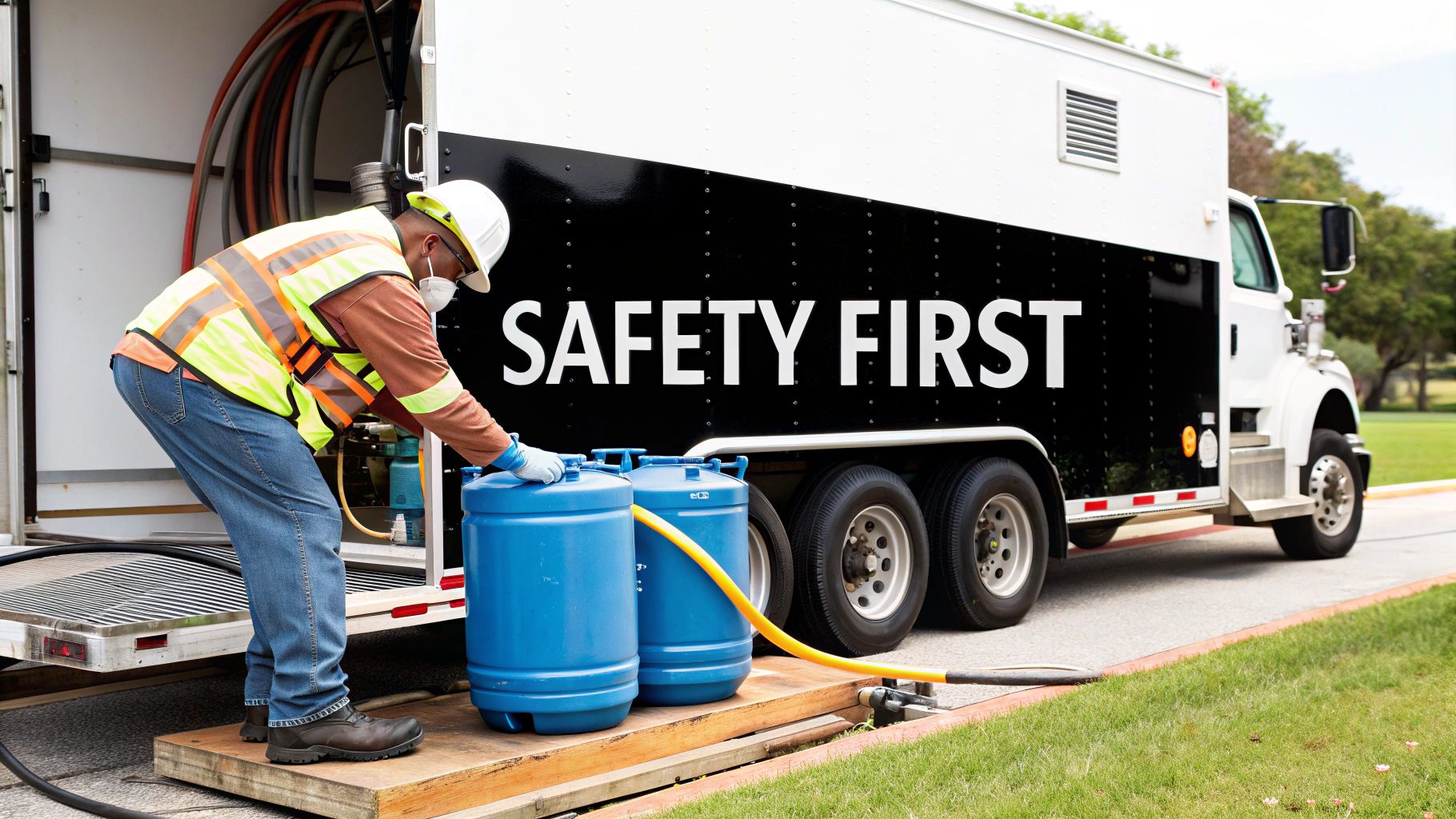 A mobile fueling truck operator wearing safety gear and carefully connecting a hose to a vehicle.