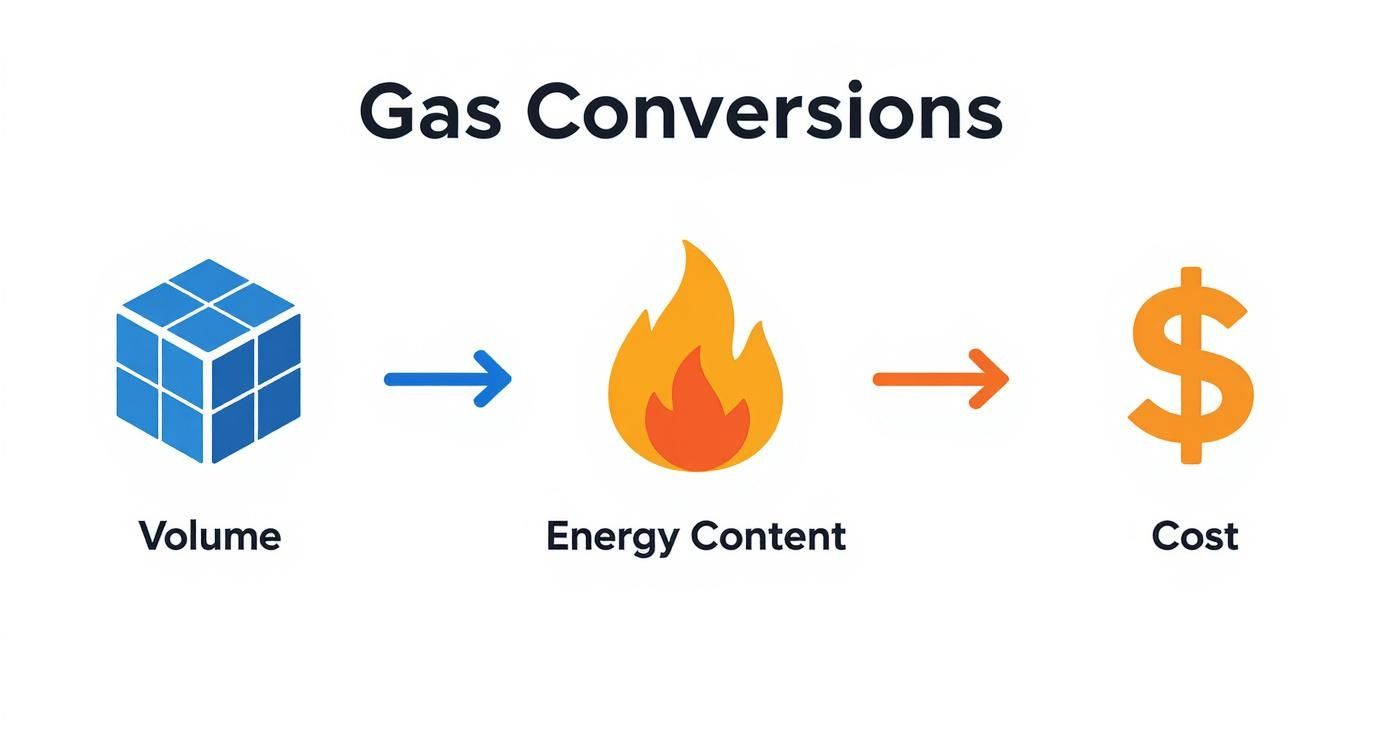 Diagram showing the process of gas conversions from volume to energy content and then to cost.