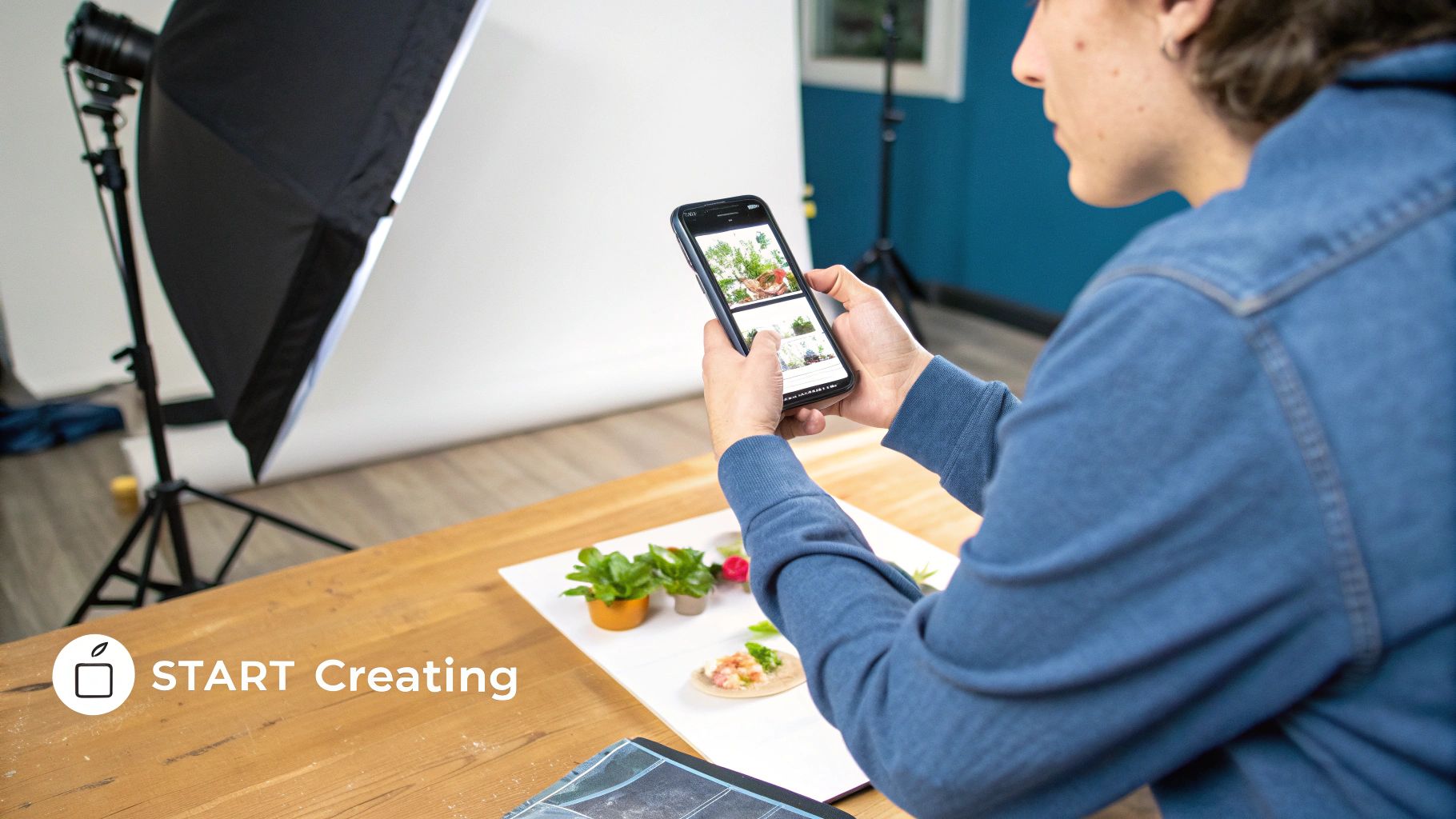 A person starting their creative journey, with a laptop, notebook, and a cup of coffee.