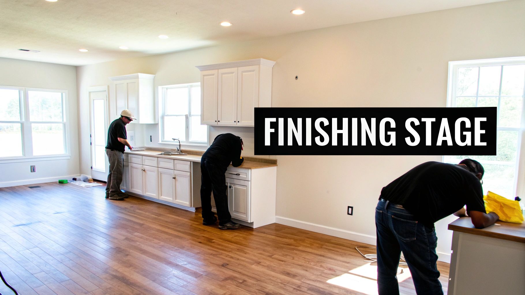 Workers install cabinets and apply finishing touches in a new home's kitchen, indicating the construction finishing stage.