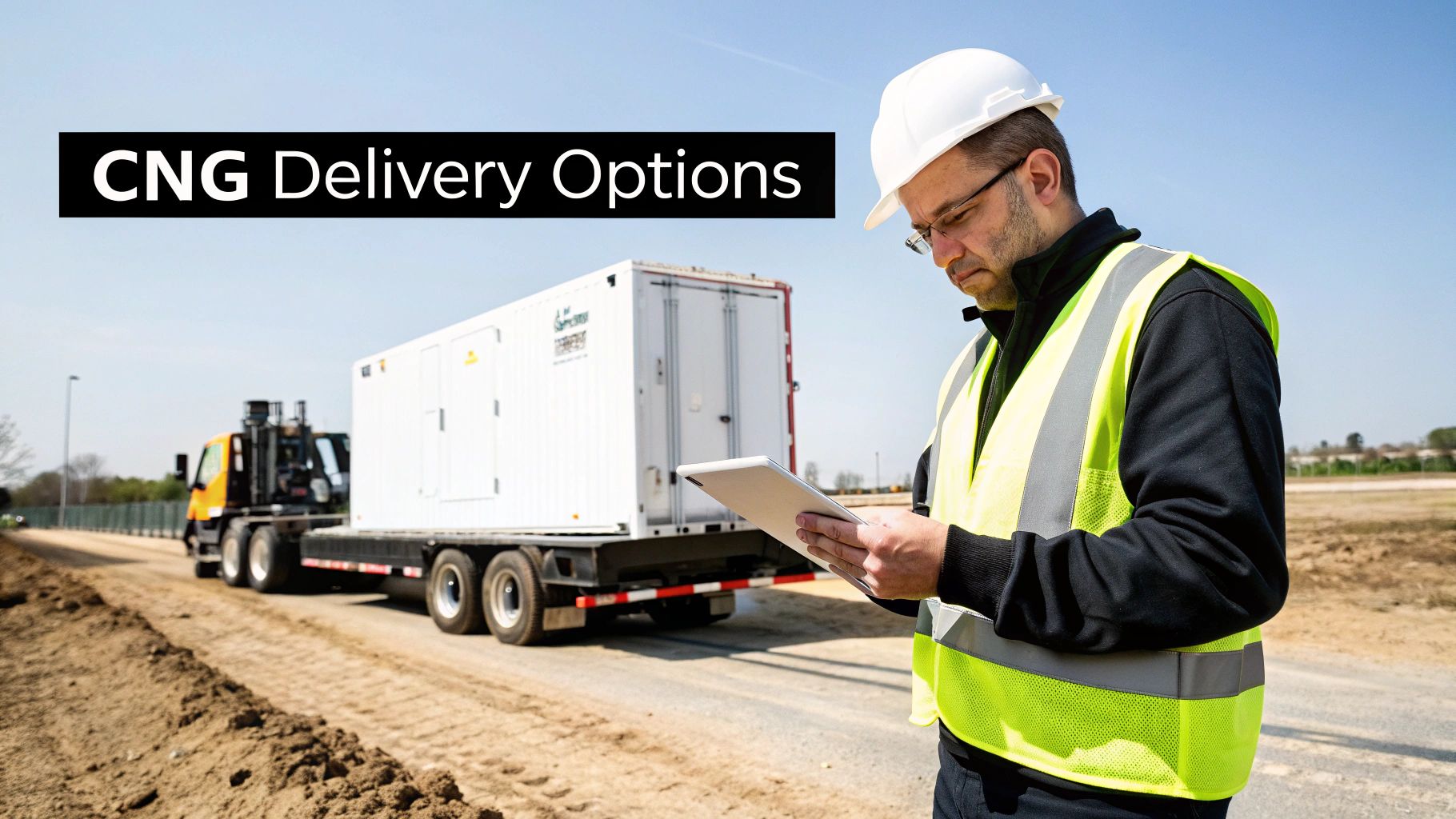 A worker in a hard hat and safety vest uses a tablet while a truck delivers a large CNG container.