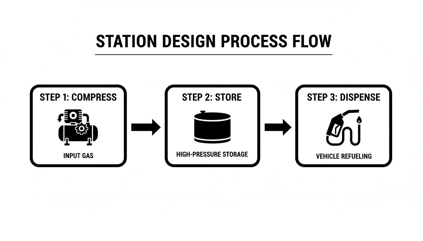 Flowchart illustrating the three-step process for natural gas vehicle stations: compress, store, and dispense.