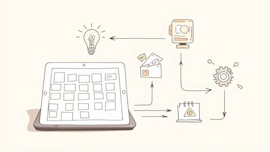 Hand-drawn diagram of a workflow with a tablet, lightbulb, camera, wallet, gear, and calendar.