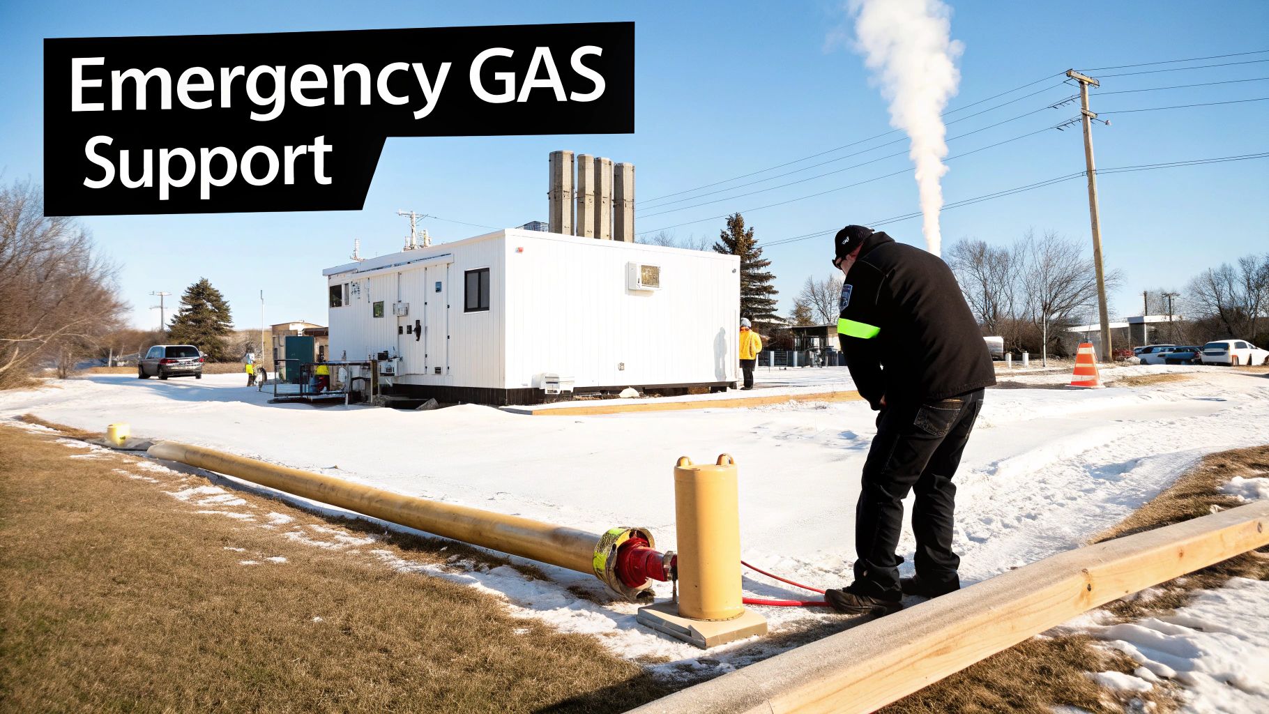 Workers provide emergency gas support with industrial equipment in a snowy, outdoor setting.