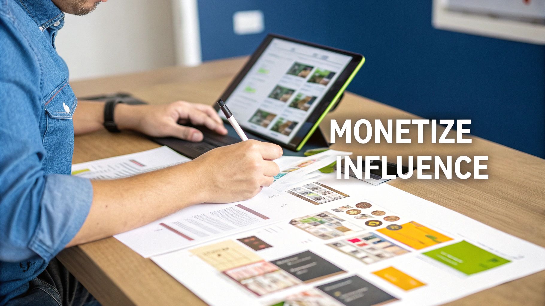 A person holding their phone showing a TikTok profile with revenue icons floating around it.