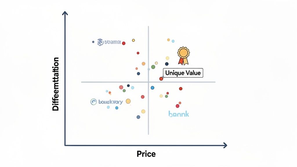 A scatter plot showing price versus differentiation for various entities, highlighting 'Unique Value'.