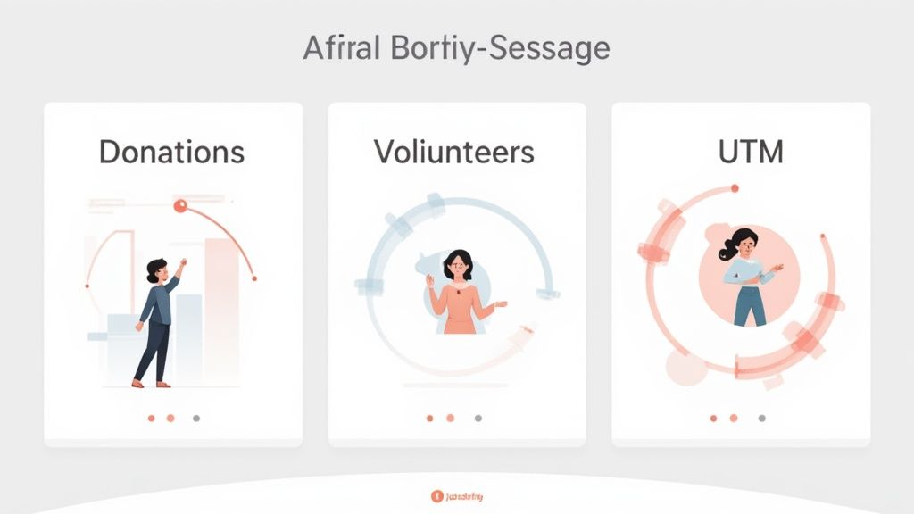 Three cards displaying illustrations for 'Donations', 'Volunteers', and 'UTM' in a program management interface.