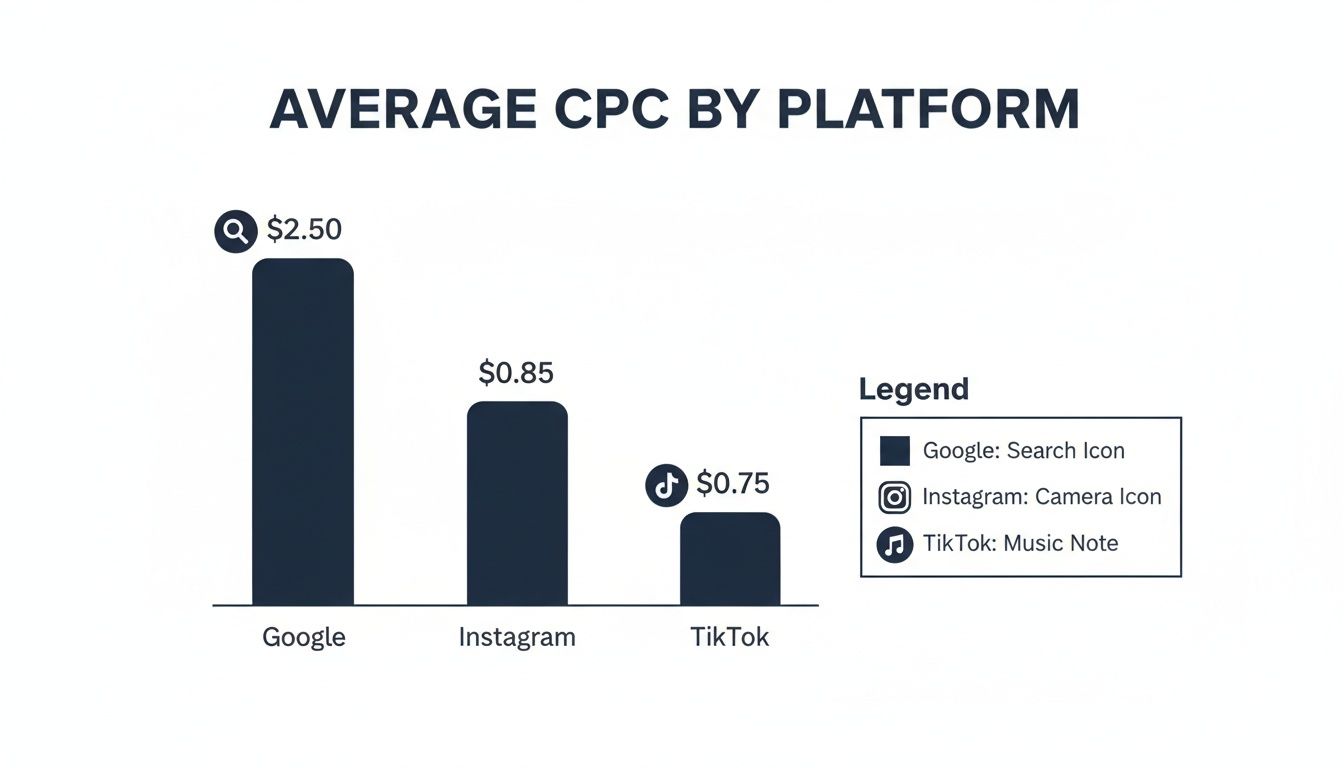 Bar chart showing average Cost Per Click (CPC) for Google ($2.50), Instagram ($0.85), and TikTok ($0.75).