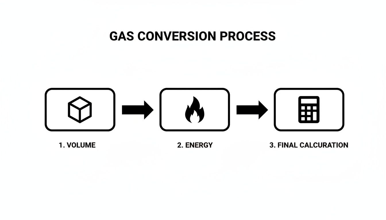 A flowchart illustrating the three-step gas conversion process: volume, energy, and final calculation.