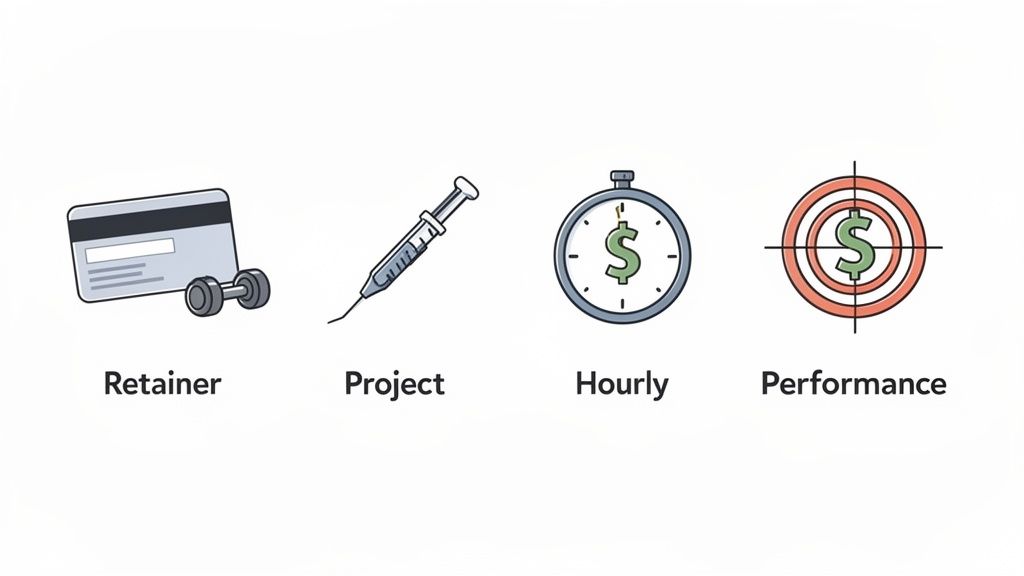 Illustrations depicting four common pricing models: Retainer, Project, Hourly, and Performance with relevant icons.