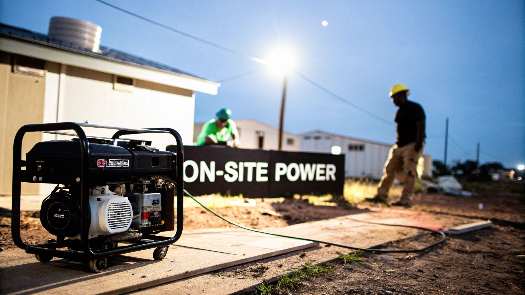 A portable gas generator sits on a construction site, with workers and an "ON-SITE POWER" sign in the background at dusk.