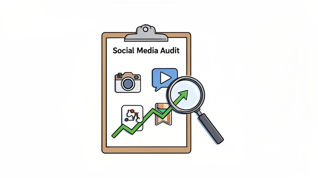 A clipboard titled 'Social Media Audit' with icons for photos and videos, a magnifying glass over a growth chart.
