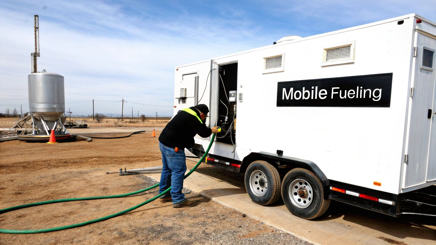 A mobile natural gas fueling trailer parked at an industrial site.