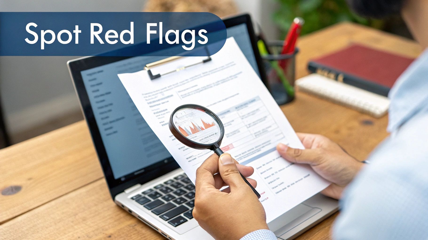 An analyst's desk with a laptop displaying influencer social media profiles and charts, with a magnifying glass held over a screen to signify vetting.