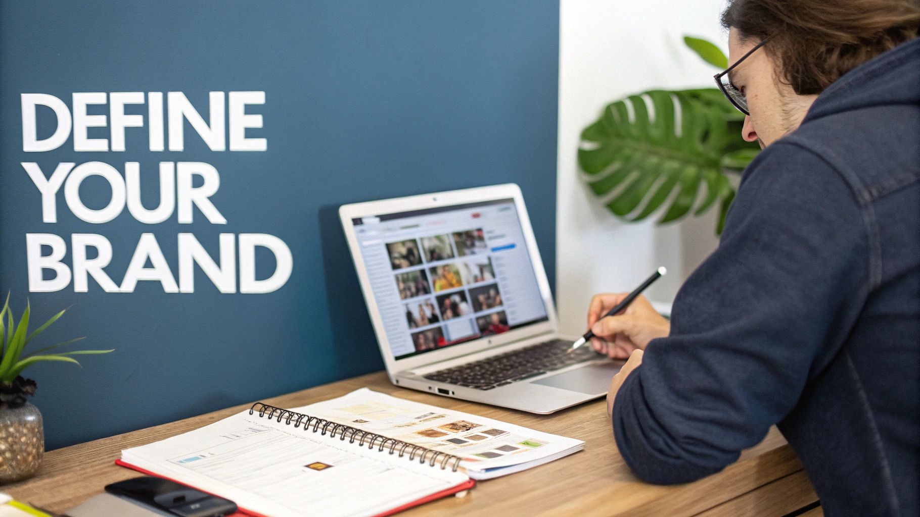 A person carefully curating a mood board with photos and color swatches, representing the creation of a personal brand.