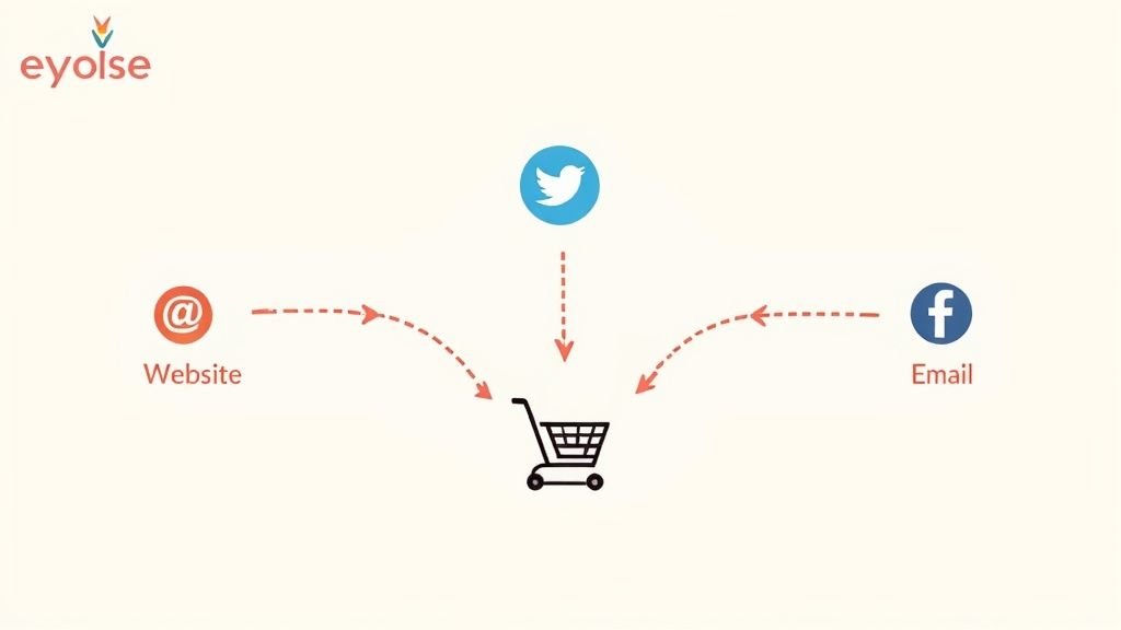 A visual representation of different marketing channels connecting to create a seamless customer experience.