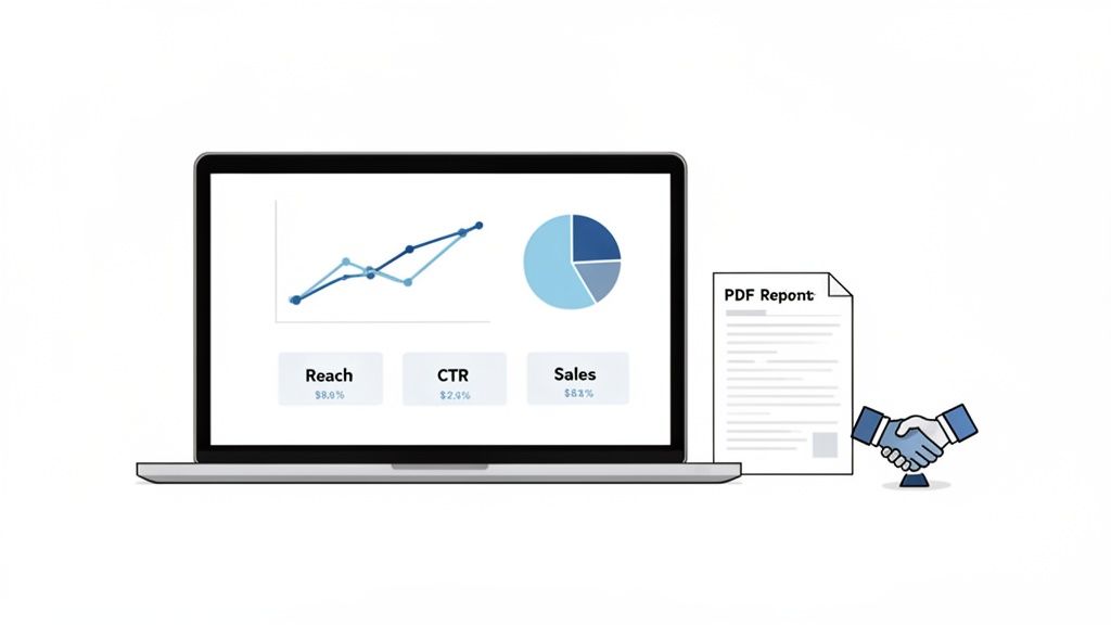A laptop showing social media analytics with reach, CTR, sales metrics, a PDF report, and a handshake.