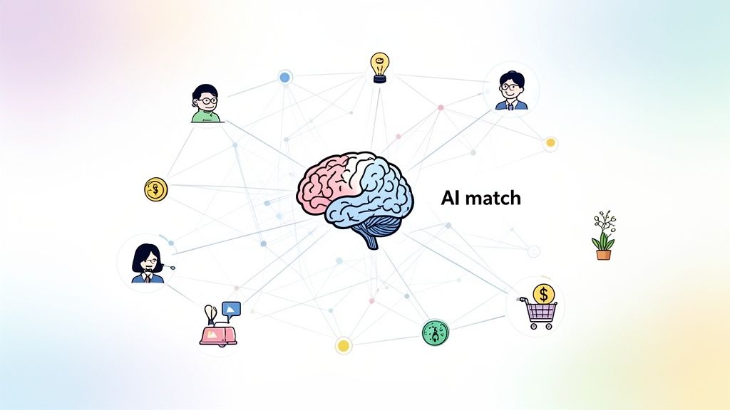 AI brain connecting creators, ideas, and transactions in a network, demonstrating an AI matching system.