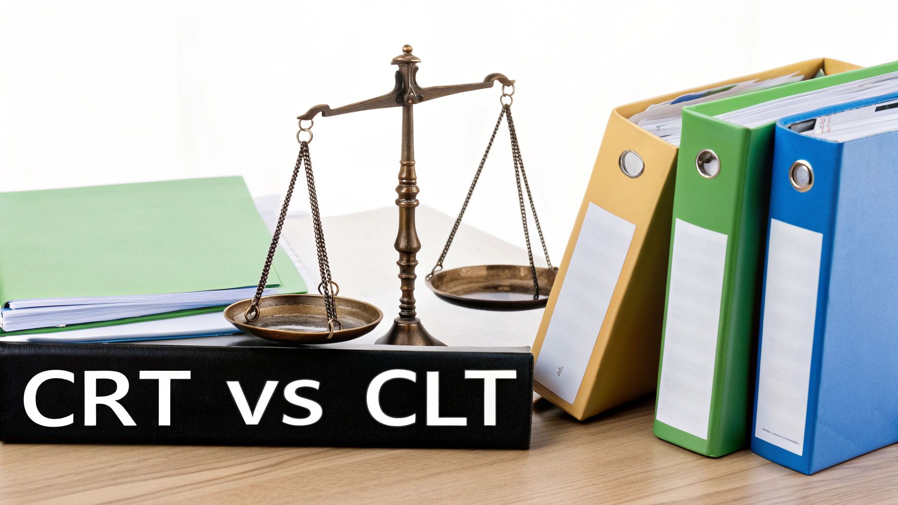 A book titled 'CRT VS CLT' with a scale of justice and financial binders.