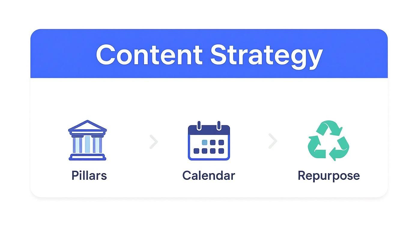 Content strategy framework showing three steps: pillars foundation, calendar planning, and repurpose recycling icons
