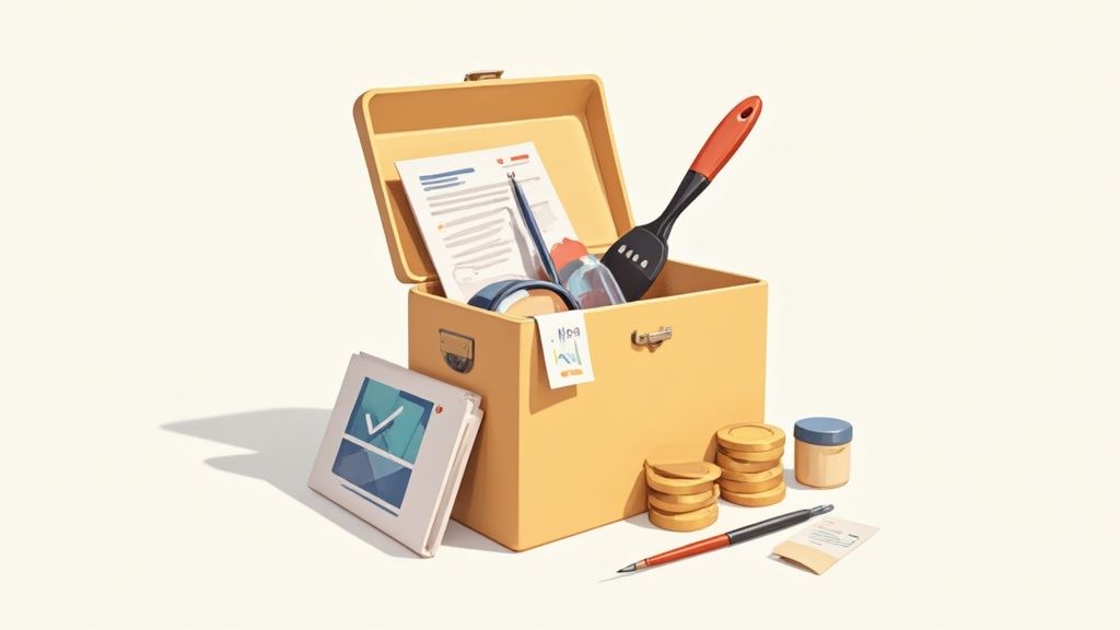 A minimalist desk setup with a laptop, tablet, and notepad, representing a simple marketing toolkit.