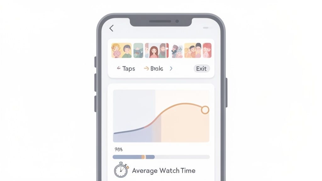 A mobile phone screen showing an application interface with user avatars, navigation, and a graph displaying app analytics.