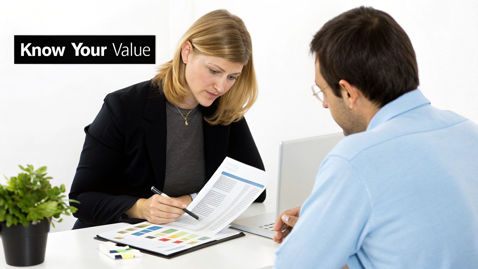 A financial advisor helps a client review documents and a laptop, discussing business valuation.