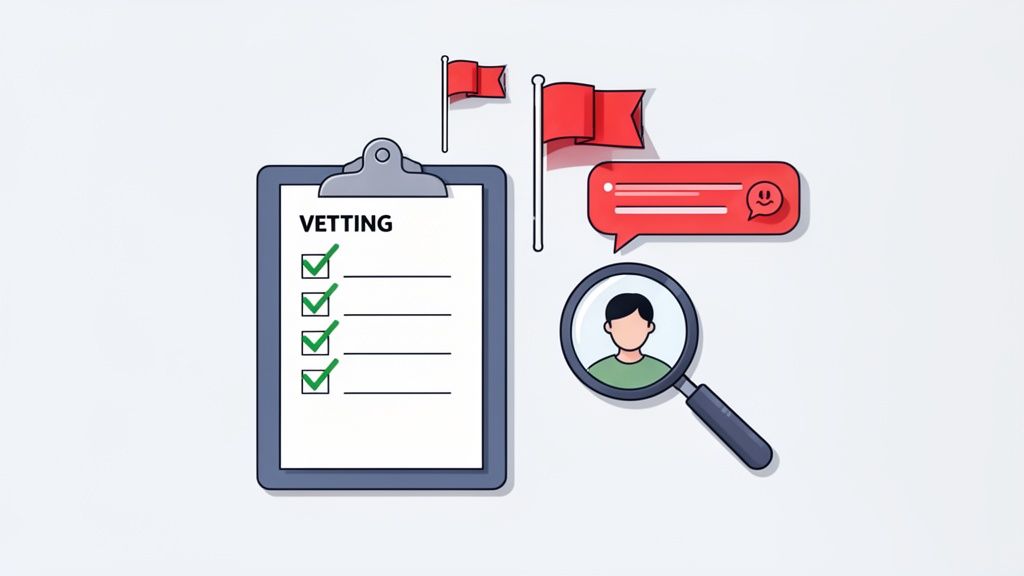 Illustration of a vetting process for finding YouTube influencers, with a checklist, two red flags, and a magnifying glass reviewing a person.