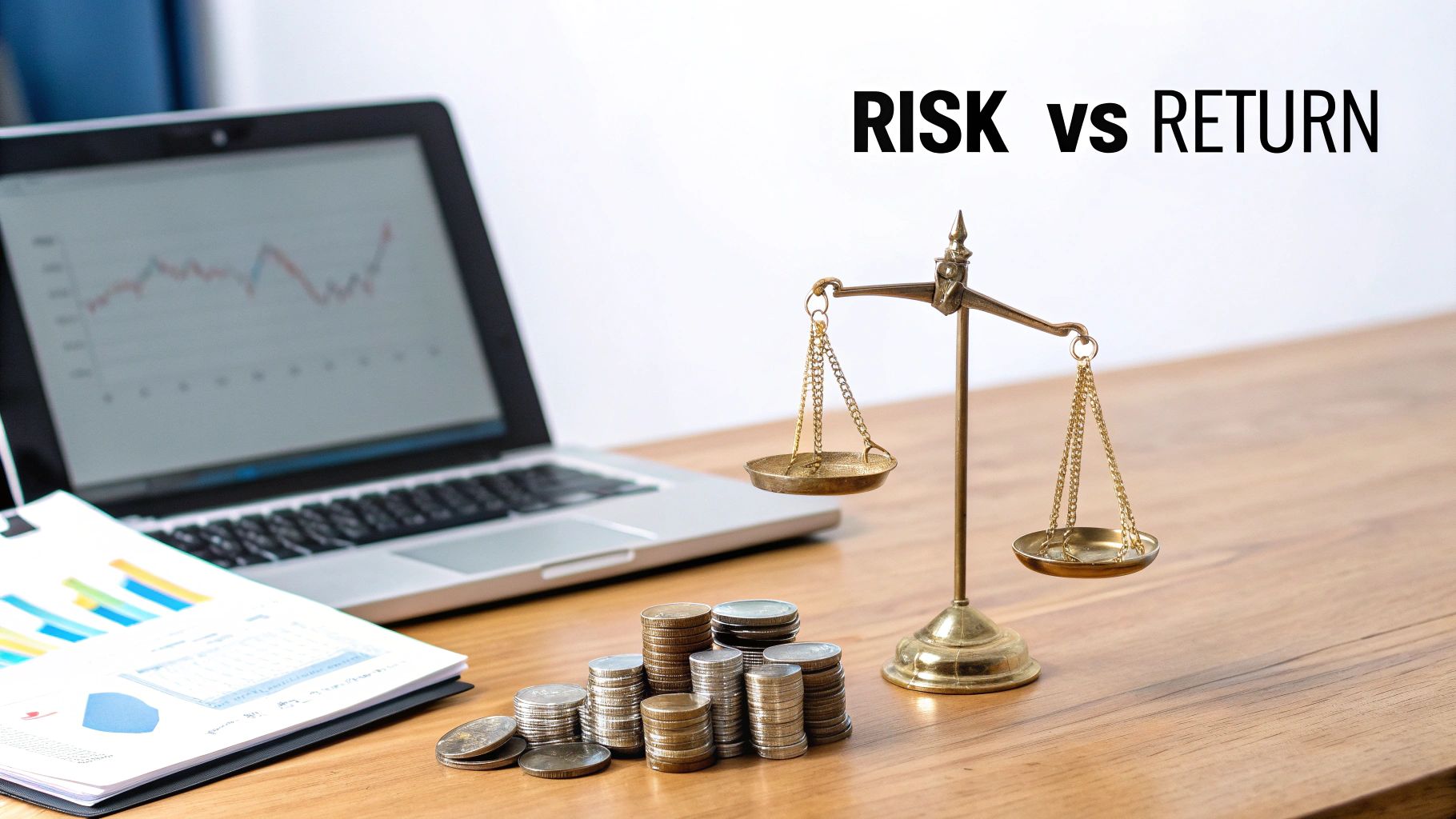 A desk with a laptop showing a financial graph, stacks of coins, and a balance scale, illustrating risk vs return.