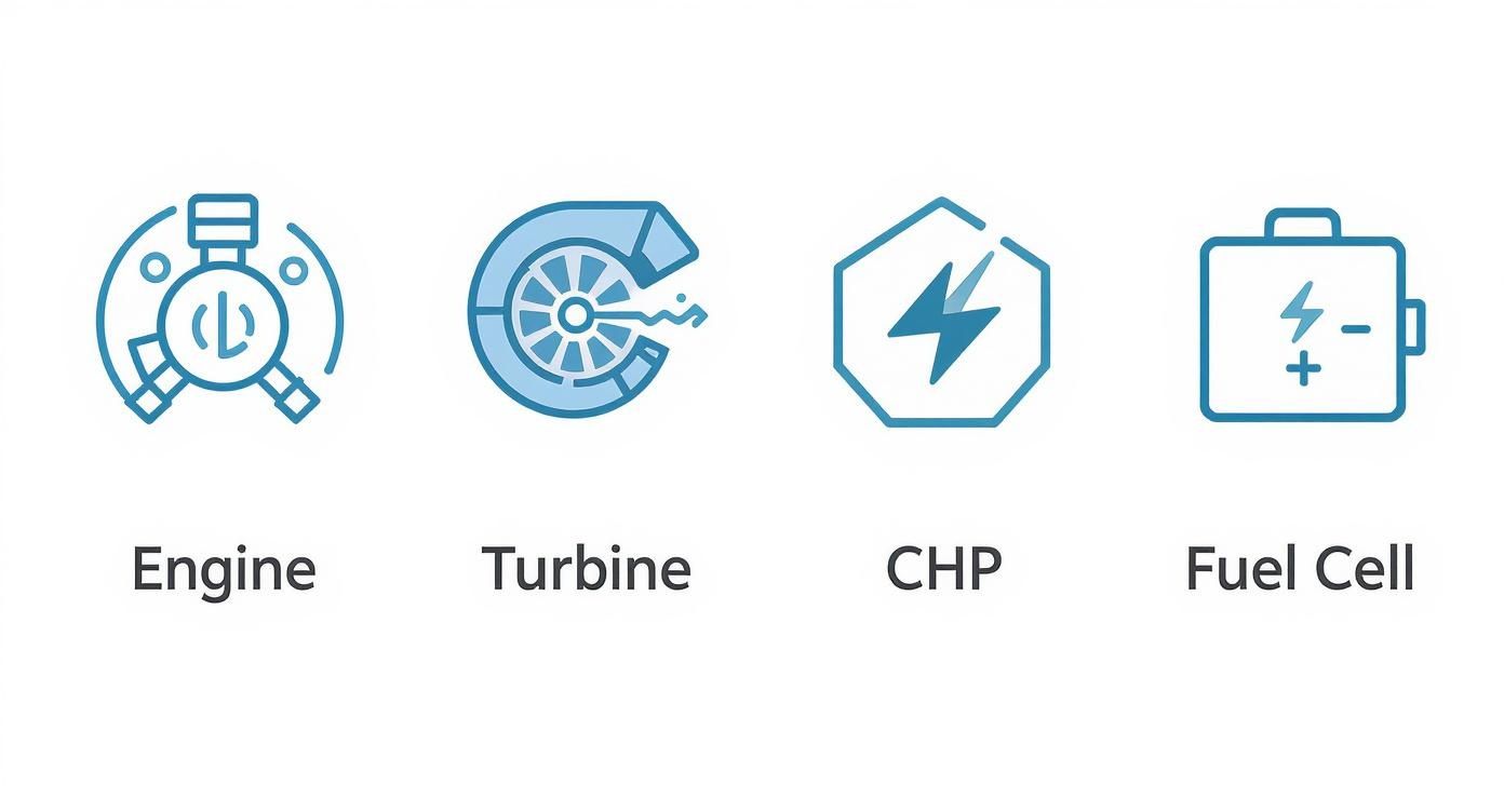 Icons depicting engine, turbine, CHP, and fuel cell technologies for energy generation.