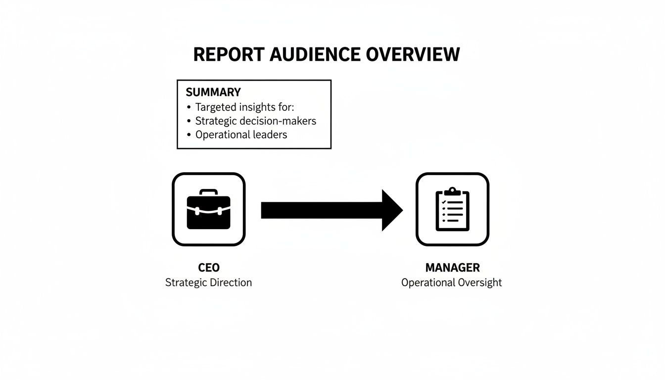 Report audience overview showing targeted insights for CEOs providing strategic direction and managers ensuring operational oversight.