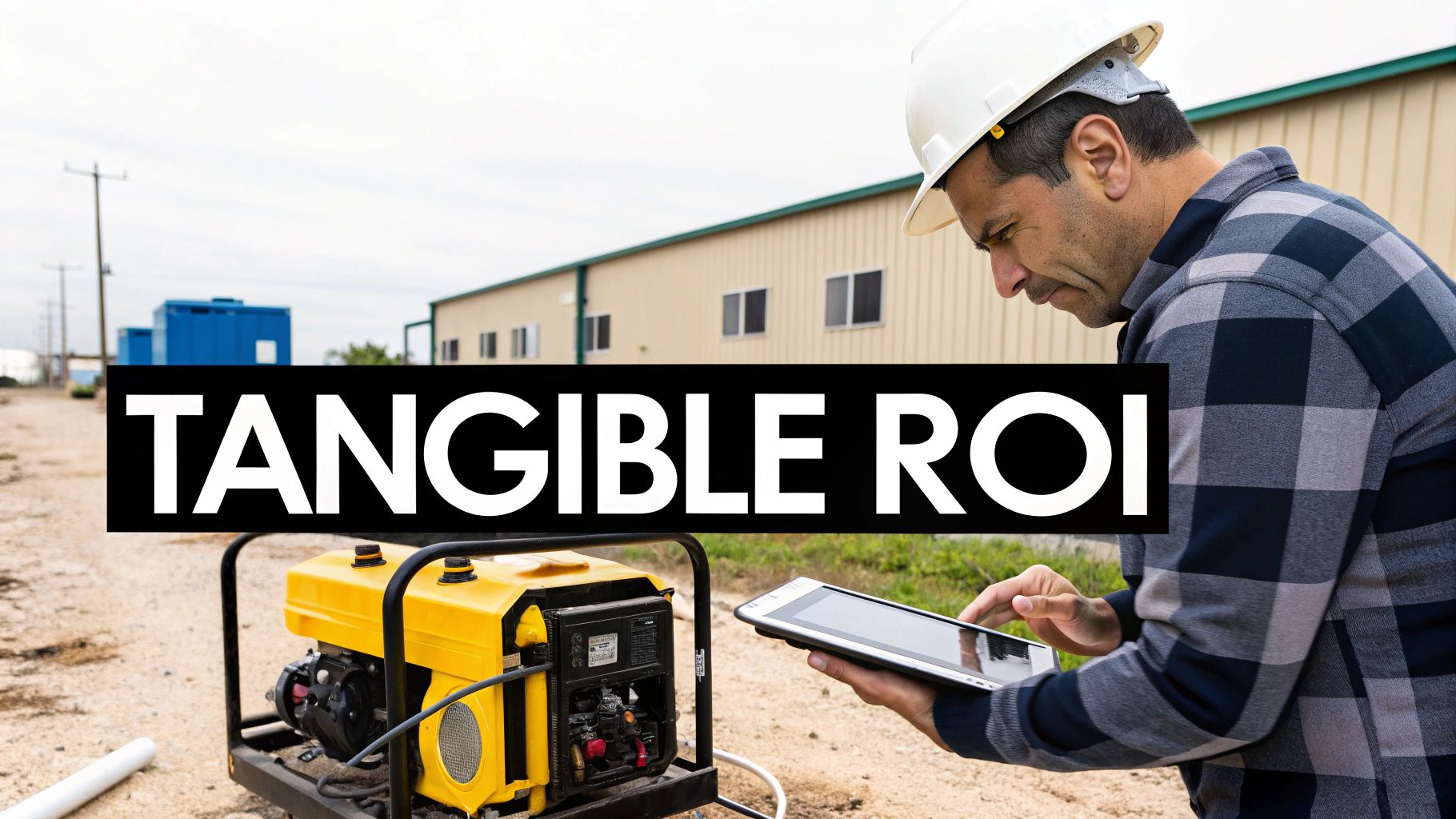A man in a hard hat uses a tablet to inspect a yellow generator at an industrial site.