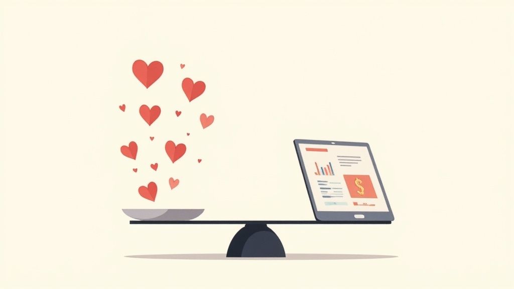 A balance scale with red hearts on one side and a tablet showing financial graphs on the other, symbolizing how to measure influencer engagement and ROI.