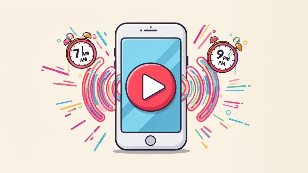 A smartphone with a play button surrounded by colorful sound waves and two alarm clocks showing 7 AM and 9 PM.