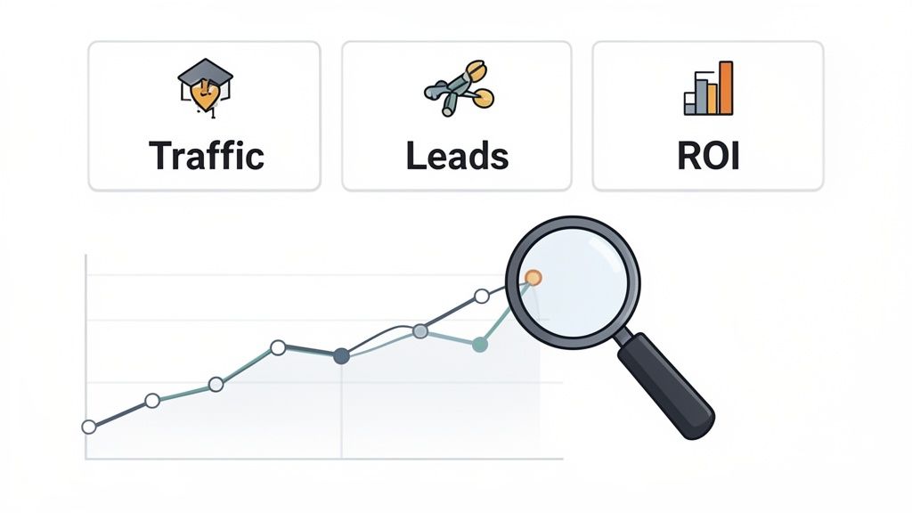 Line graph showing increasing trends for traffic, leads, and ROI, analyzed by a magnifying glass.