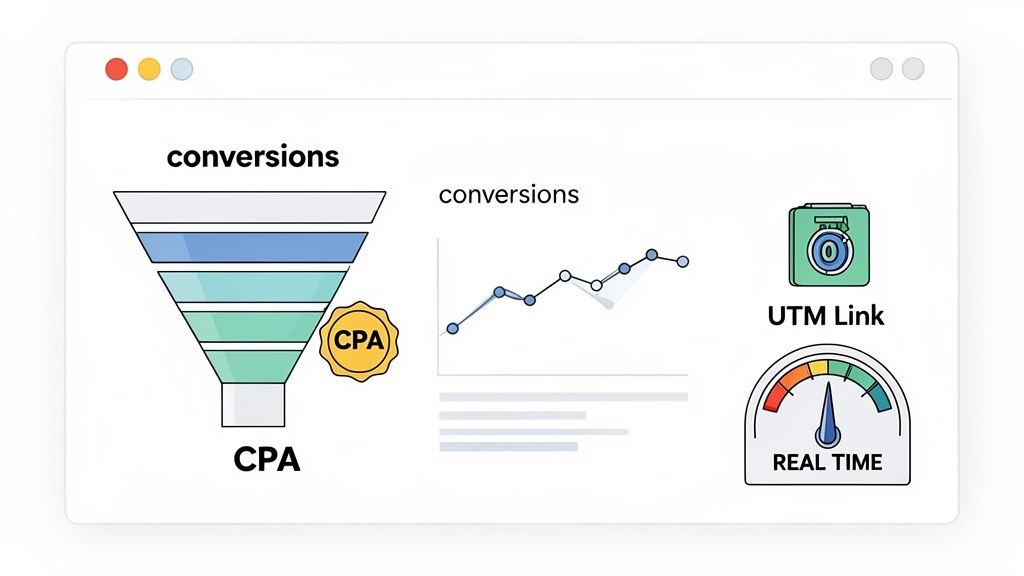 A marketing dashboard displaying a conversion funnel with CPA, a conversion trend graph, UTM link tracking, and a real-time data gauge.