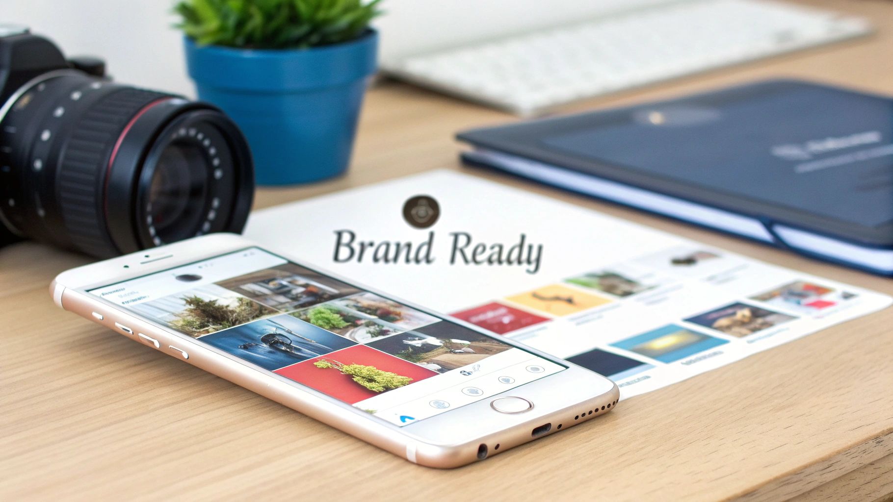 A person with a phone taking a photo of a flat lay with a flat lay with a coffee cup and a laptop, illustrating content creation for Instagram.