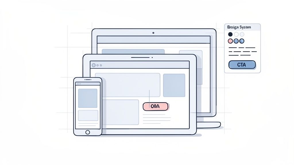 Illustration of responsive web design on laptop, tablet, and phone, linked to a design system.
