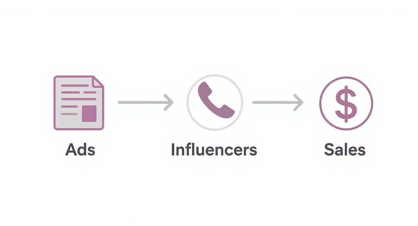 A marketing flow diagram showing ads leading to influencers, which then lead to sales.