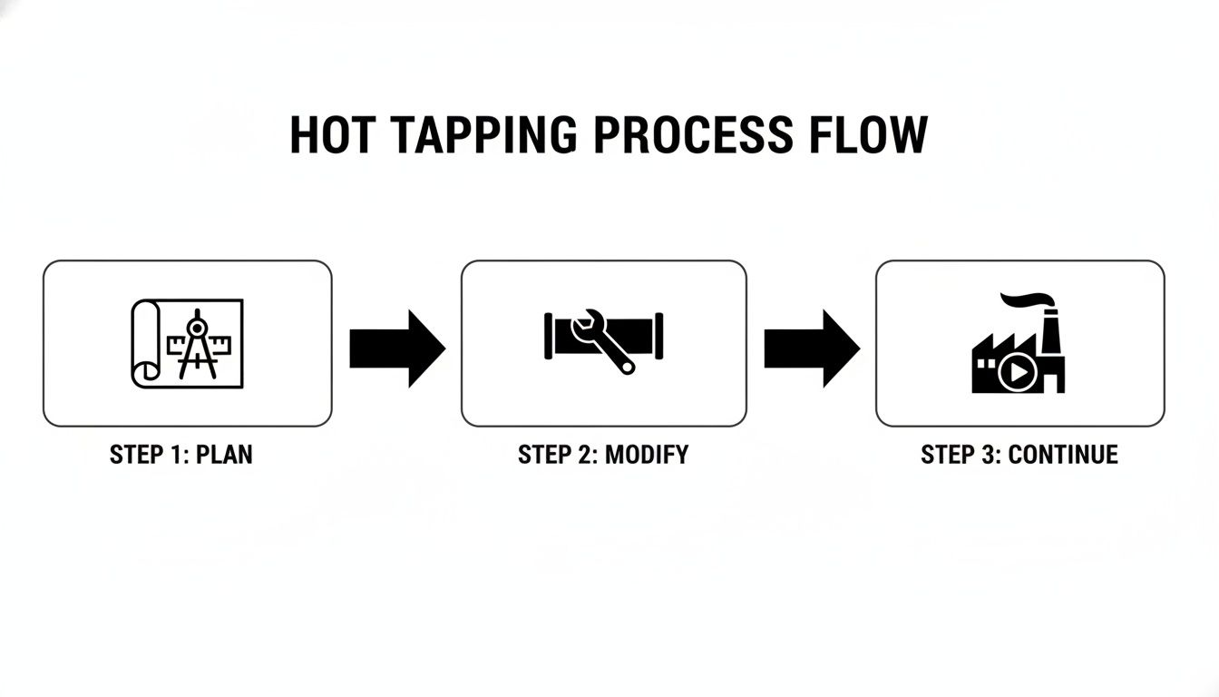 Diagram showing the hot tapping process with steps for planning, modification, and continued operation.