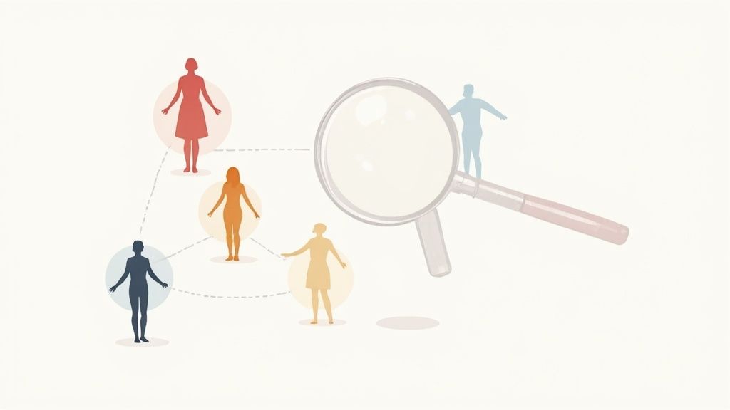 An illustration showing a network of diverse people being observed by a large magnifying glass.