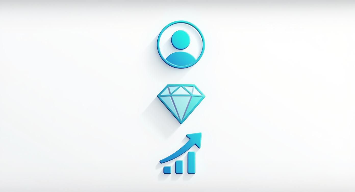 Infographic about copywriting for business showing icons for Customer, Value, and AIDA.