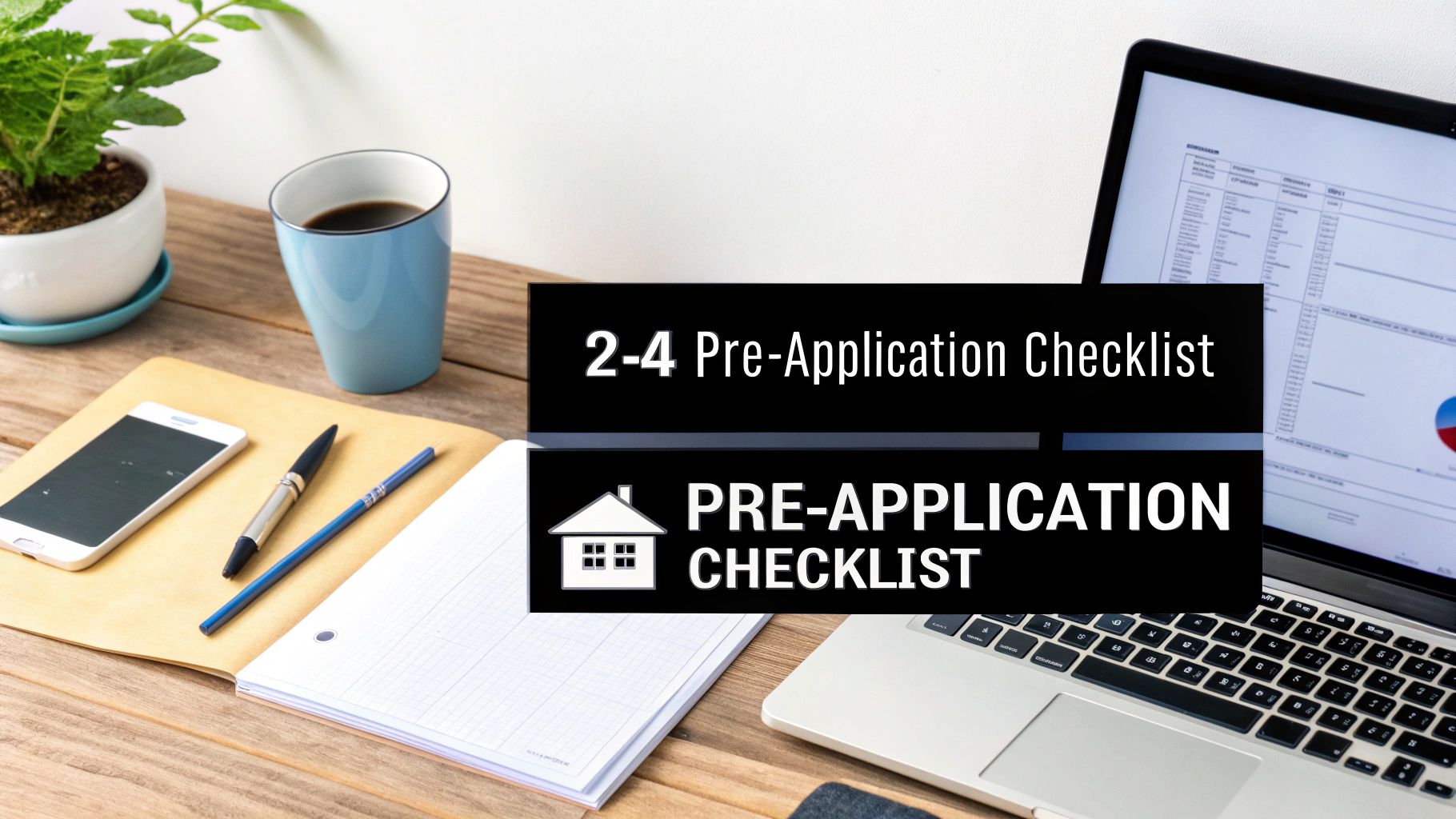 A desk with a laptop displaying a chart, coffee, and pre-application checklists for a house.
