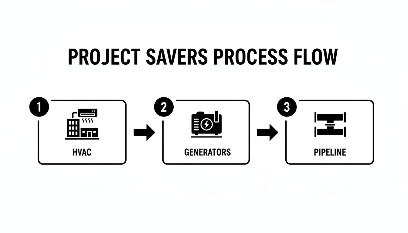 Diagram illustrating the Project Savers Process Flow with HVAC, Generators, and Pipeline stages.