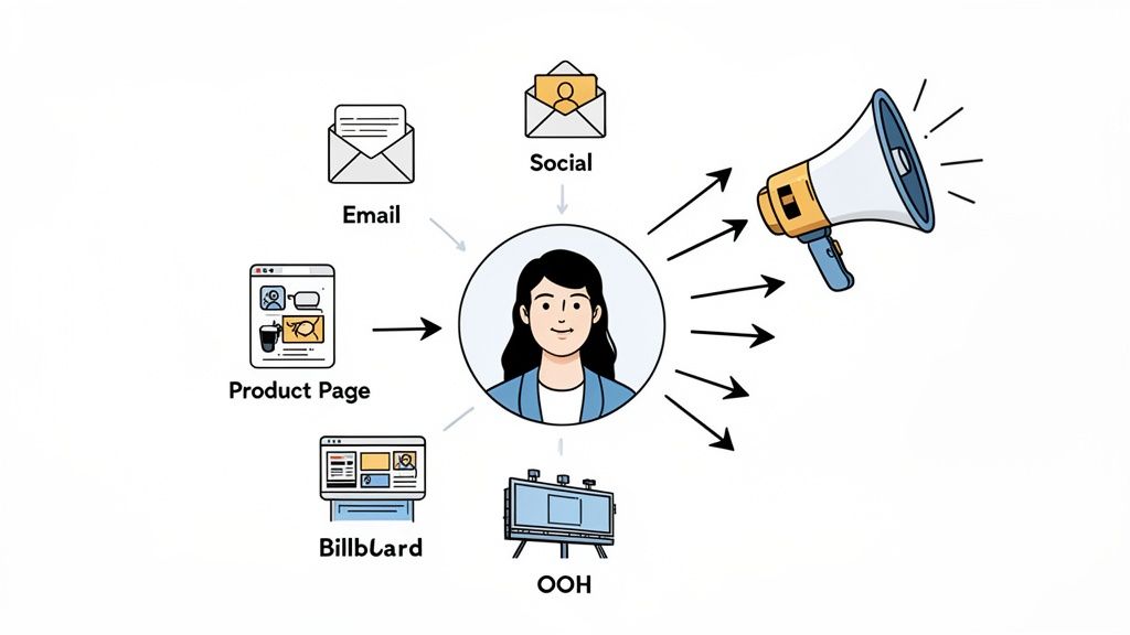 Diagram of marketing channels (email, social, OOH) influencing a user, who amplifies content with a megaphone.
