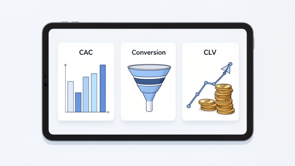 A tablet displays three marketing metrics: CAC bar chart, conversion funnel, and CLV growth with coins.