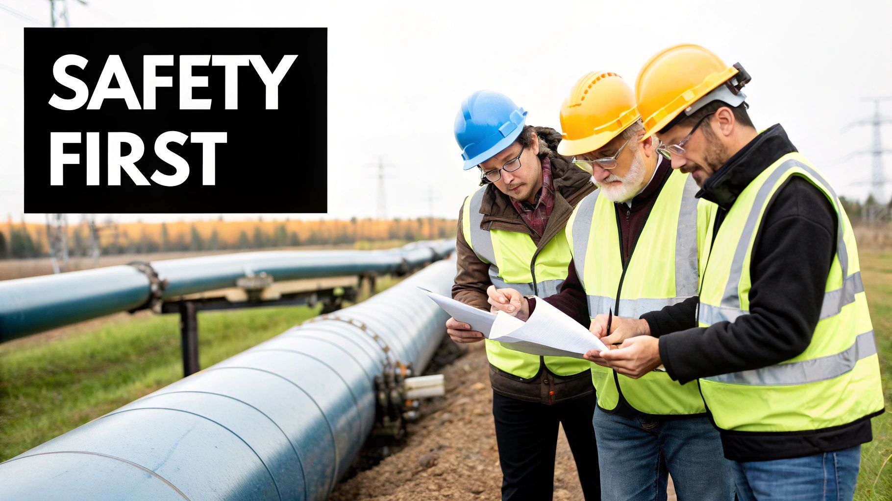 Safety equipment and personnel overseeing a hot tapping operation on a large gas line.